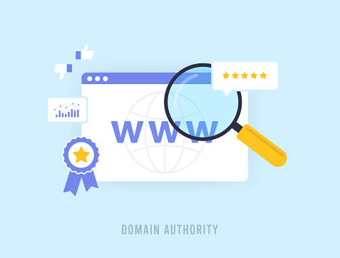 Domain Authority in SEO concept. Authority, Relevance and Trustworthiness in Aged Web Domains with Quality Backlinks. Vector illustration isolated on blue background with icons.