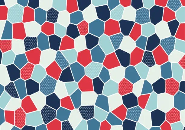 Vector illustration of Abstract geometric mosaic shapes in blue and red with a white border design and decorated with a white dots pattern for the background.