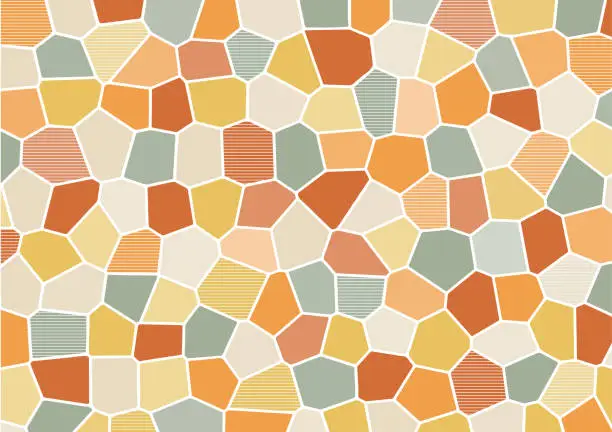 Vector illustration of Abstract geometric mosaic shapes in orange yellow and beige with a white border design and decorated with a lined pattern for the background.