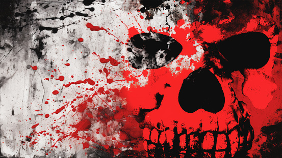 Halloween concept of double exposure of human skull and abstract grunge spooky background with blood splashing