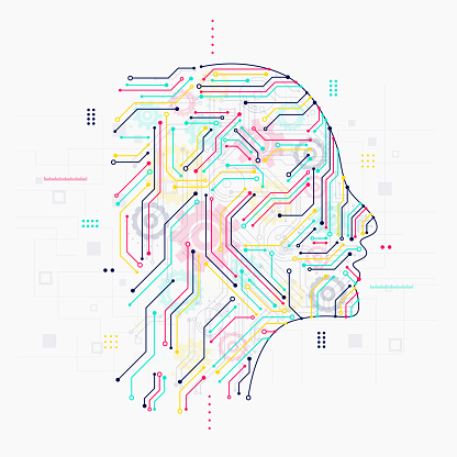 Artificial intelligence geometric Human head outline with circuit board. Technology and engineering concept background. A.I. and AI. Vector illustration