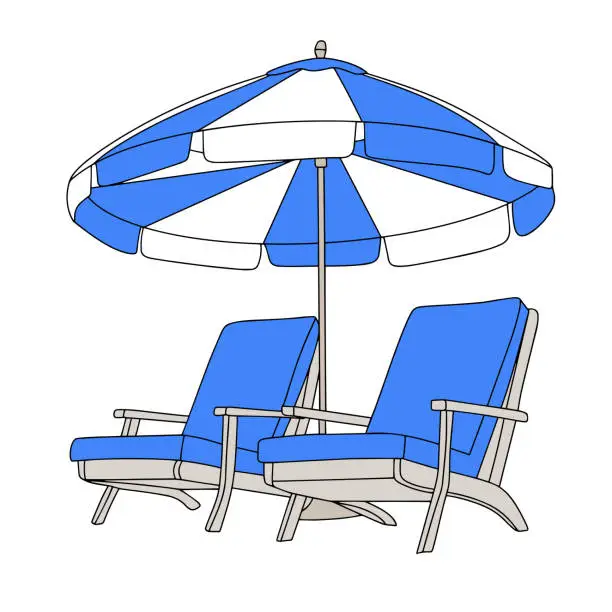 Vector illustration of Beach sunbed, umbrella and deck chair.