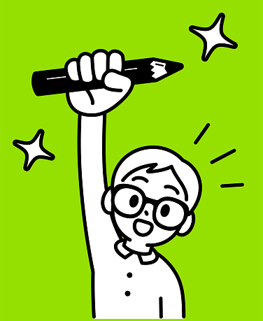 Minimalist Style Characters Designs Vector Art Illustration.
A studious boy with Horn-rimmed glasses　raises his right hand and shows a creative pencil, looking at the viewer, minimalist style, black and white outline.