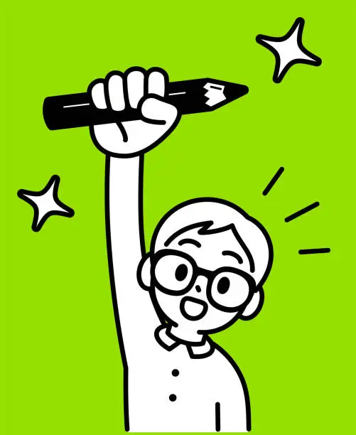 Vector illustration of A studious boy with Horn-rimmed glasses　raises his right hand and shows a creative pencil, looking at the viewer, minimalist style, black and white outline
