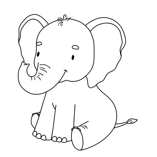 かわいい座っている象。子供向けのアウトラインイラスト。着色用のサファリ動物。 - elephant animal isolated white background点のイラスト素材／クリップアート素材／マンガ素材／アイコン素材