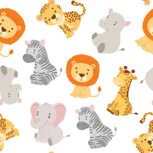 Vector illustration of Childish seamless pattern with safari animals. Cute elephant, cheetah and giraffe in cartoon style. Vector african baby wild animals on white background.