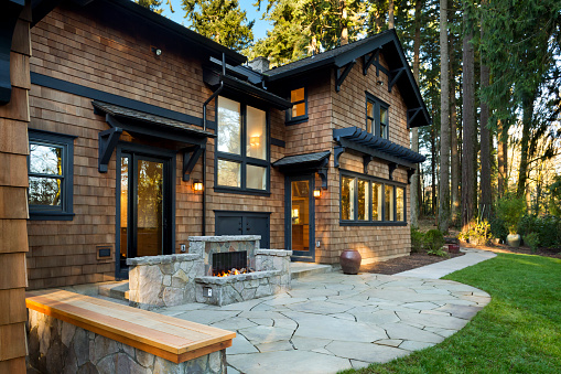 Amazing back patio with fireplace.