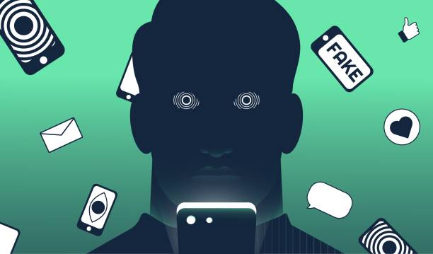 Man hypnotized by smartphone vector illustration Man hypnotized by his smartphone. Fake news, manipulation, internet addiction concept. Vector illustration. big brother orwellian concept stock illustrations