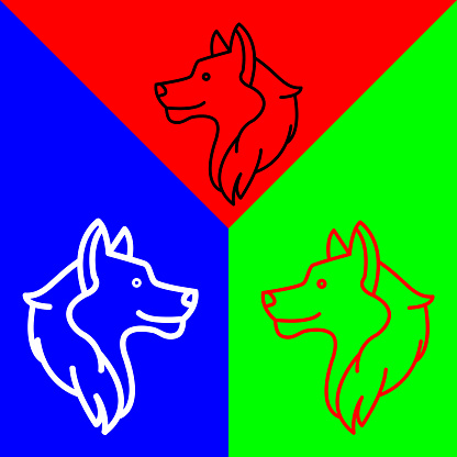 Wolf Vector Icon, Lineal style icon, from Animal Head icons collection, isolated on Red, Blue and Green Background.