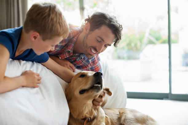 istock Father and son petting dog on sofa 166272895