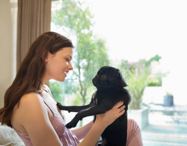 istock Smiling woman holding dog on bed 166273028