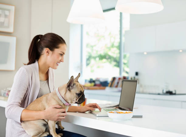 istock Woman using laptop with dog on lap 166273079