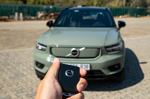 Istanbul, Turkey - September 5 2023 : Volvo XC40 Recharge Twin is a pure electric SUV. It has wireless car key technology.