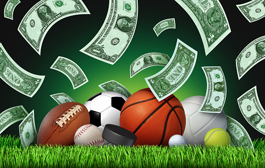 Sport Betting and sports bets or online sporting events gambling as football betting and draft picks or basketball game bet and Hockey betting with 3D illustration elements.