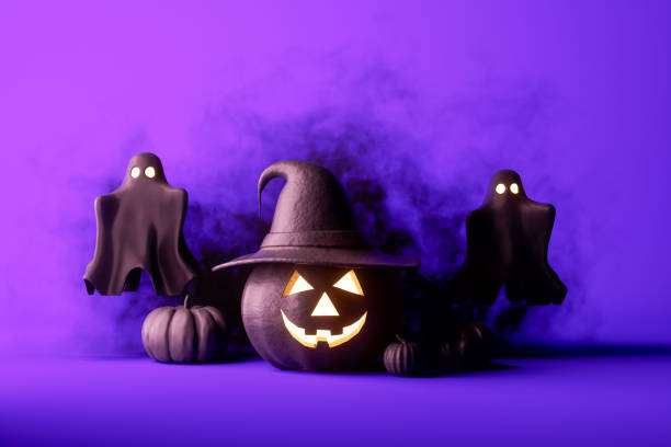 istock Halloween decorations with pumpkins and ghosts on purple background 1662746881