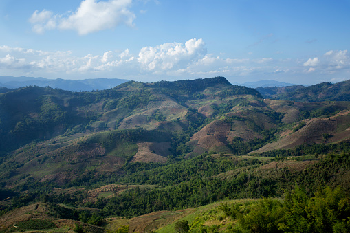 Late afternoon view into valley from mountain  Phu Langka  lookout in northeast Thailand, National Park in Bueng Kan.