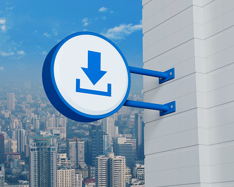 Download icon on hanging blue rounded signboard over modern city tower, office building and skyscraper, Technology internet online concept, 3D rendering