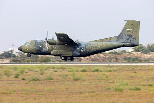 Salvador, Bahia, Brazil - November 11, 2014: View from afar of the P-3AM Orion aircraft of the Brazilian air force at the Open Gates exhibition of aeronautics in the city of Salvador, Bahia