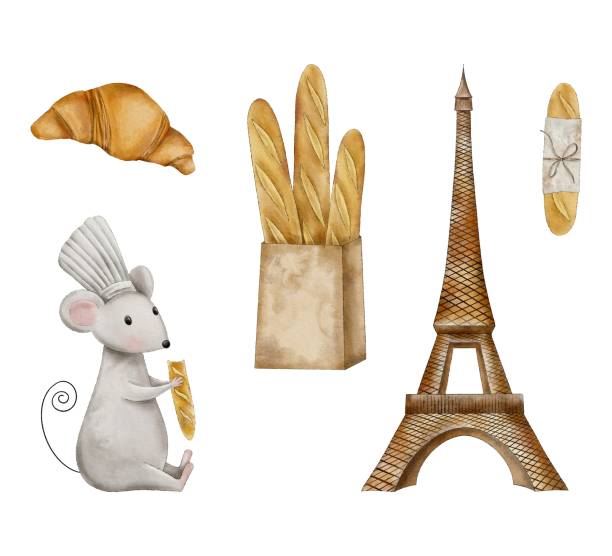 istock Set of cute mouse-baker eats a baguette, French baguettes in craft bag, croissant, Eiffel Tower. Hand drawn watercolor bakery illustration for card, souvenir, label, poster, bakery label 1662765037