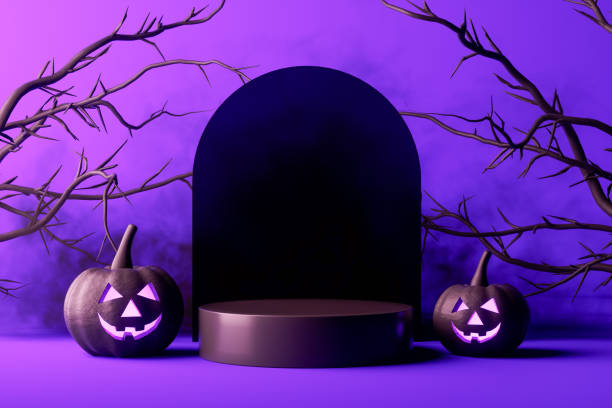 紫の背景にハロウィーンの表彰台とカボチャ