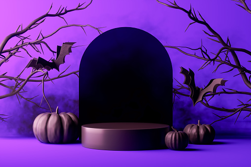 Halloween podium with pumpkins and bats on purple background. Digitally generated image.
