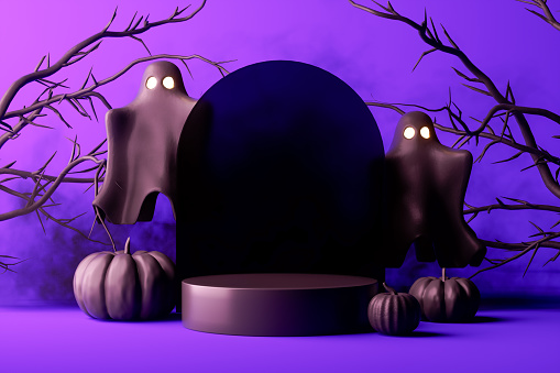 Halloween podium with pumpkins and ghosts on purple background. Digitally generated image.