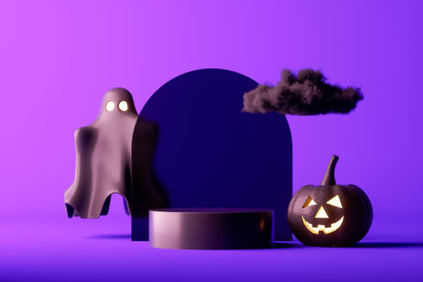istock Halloween podium with pumpkins on purple background 1662773681