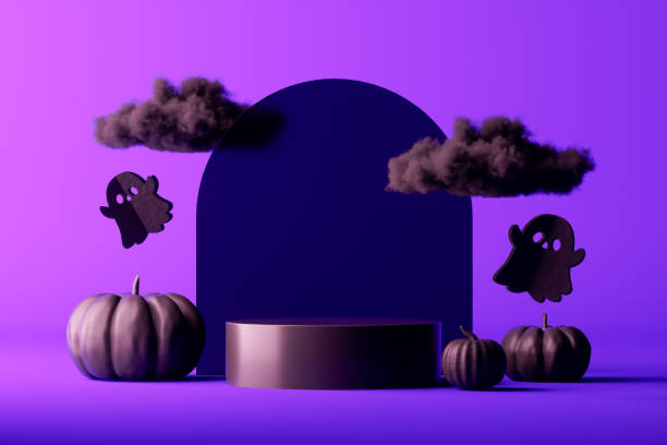 istock Halloween podium with pumpkins on purple background 1662773704