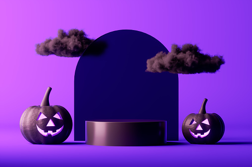 Halloween podium with pumpkins on purple background. Digitally generated image.