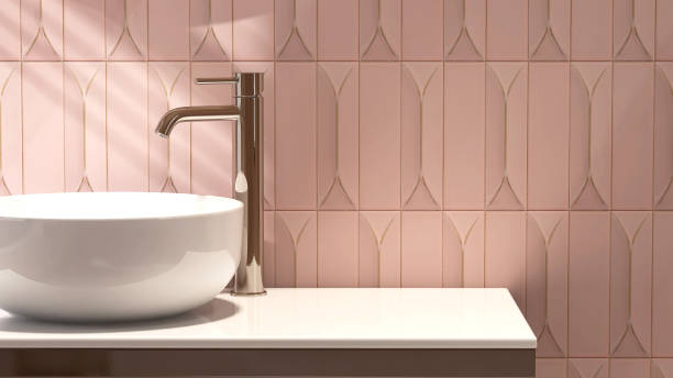 istock White stone vanity counter, modern bowl washbasin, chrome faucet in sunlight, shadow on pink subway tile 1662804868