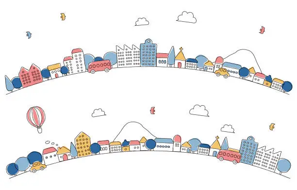 Vector illustration of Cute hand-drawn cityscape illustration (curves, dull color)