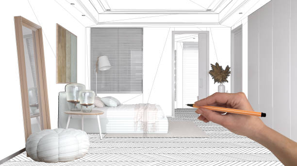istock Empty white interior with with herringbone parquet, white walls, hand drawing custom architecture design, black ink sketch, blueprint showing minimalist bedroom with bed and decors 1662819438