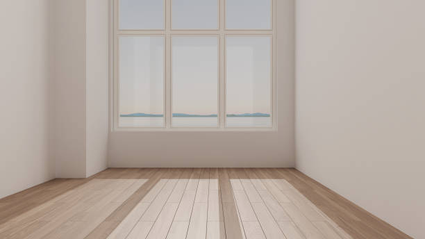 istock Empty room interior design, open space with big panoramic window, eco parquet wooden floor, white walls, modern architecture idea concept 1662819759
