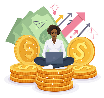 African American Young investor working for profit, dividend, or revenue.  Trader sitting on a stack of money, investing capital, analyzing profit.