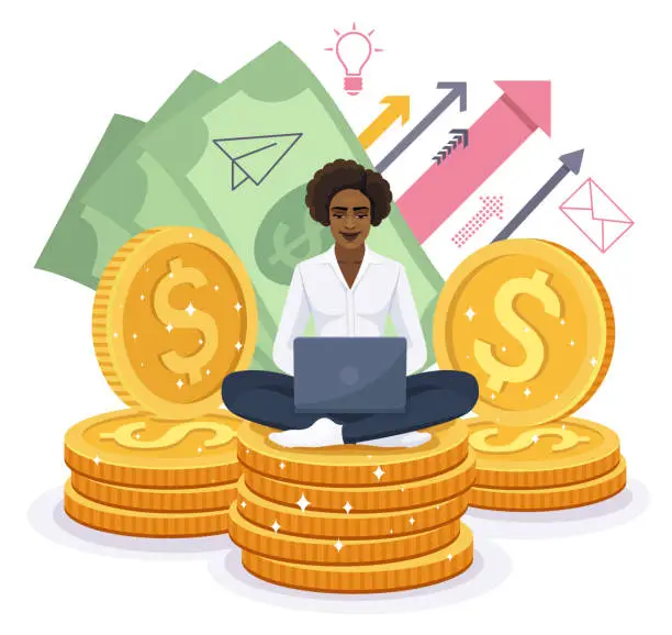 Vector illustration of African American Businesswoman Character is sitting on golden stacks of coins. Trader Working on Laptop. Financial analyst. Investor with laptop monitoring growth of dividends.