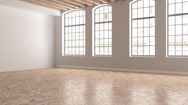 istock Empty room interior design, open space with big panoramic wooden arched windows, classic vintage parquet wooden floor, wooden roof beams, white walls, modern architecture idea 1662819944