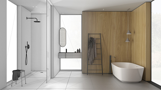 Architect interior designer concept: hand-drawn draft unfinished project that becomes real, bathroom, freestanding bathtub, washbasin, mirror and accessories, shower, ceramic tiles