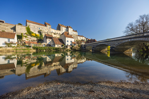 Typical small town Pesmes with river L Orgon, Haute-Saone, France