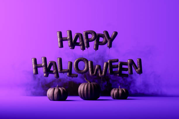 istock Happy Halloween balloons with pumpkins on purple background 1662829059