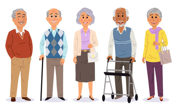 Group Of Senior People Diverse group of senior people standing together, looking at the camera. Vector flat illustration isolated on white. Part of a series. old person cartoon stock illustrations