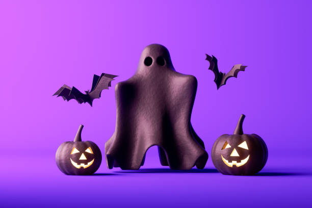istock Halloween pumpkins, bats and ghost on purple background 1662836771