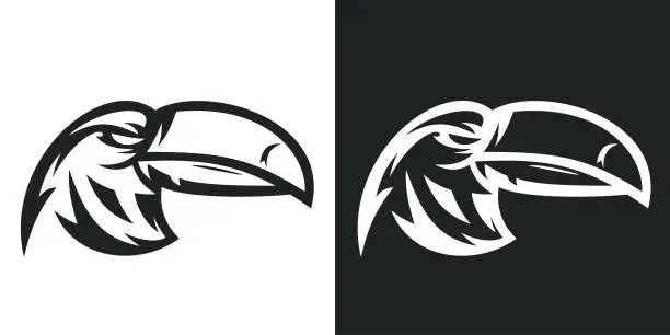 Vector illustration of Toucan head isolated on white and black background. Silhouette abstract bird. Template for design mascot, label, badge, emblem or other branding. Vector illustration.