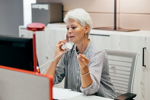Mujer caucásica de mediana edad trabajando en la oficina cerca de la computación y hablando por teléfono. photo
