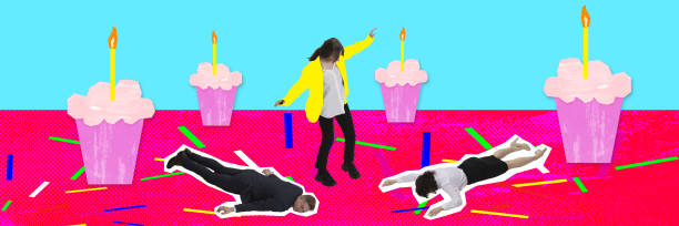 istock Hangover. Employees feeling drunk sleeping at party, dancing. Contemporary art collage. 1662846613