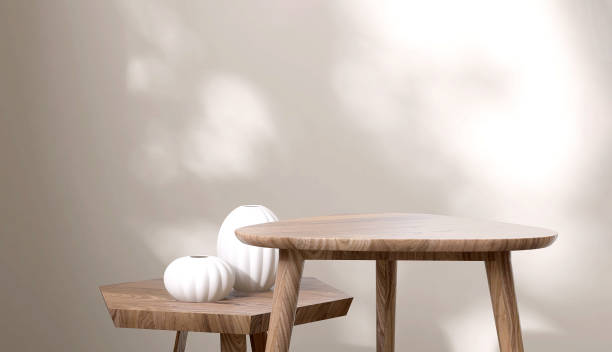 istock Empty two geometric natural wood table podium, beautiful grain, white ceramic vase in sunlight, shadow on beige wall 1662865041