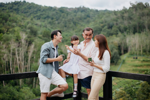 Multi generation Asian family vacation at nature resort