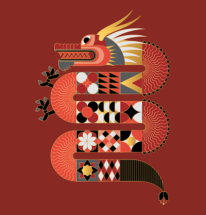 Red abstract geometric chinese dragon. Modern shape design. Zodiac sign. Sacred animal. Bauhaus tile motif. Line flat vector illustration. Template for greeting card, banner, poster.