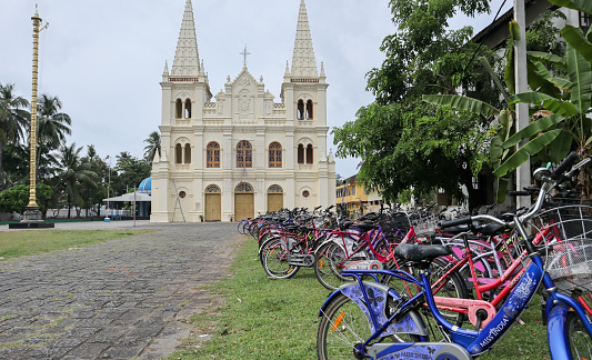 Kochi, Kerala, India-October 6 2022; A Divine view of the famous Santa Cruz Cathedral Basilica church on a Sunday morning in Kochi city of Kerala in India.