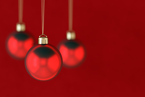 Christmas ornaments on red background, new year concept. Digitally generated image.