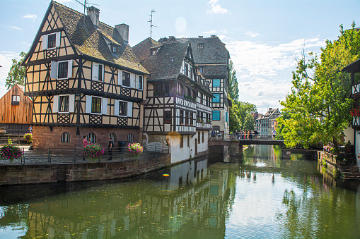 Strasbourg, France, July 16, 2023: Colorful houses at Petite France district in Strasbourg
